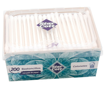 Bastoncillos higiénicos de algodón 100% con palo de papel STAR COTT 200 uds. Bastoncillos higiénicos de algodón 100% con palo de papel STAR COTT 200 uds.