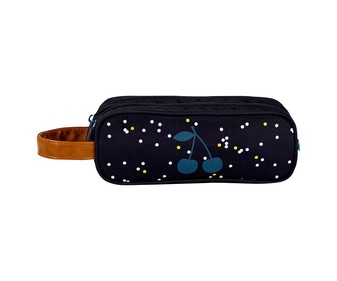 Estuche sostenible con dos compartimentos color negro estampado Cerezas y lunares PRODUCTO ALCAMPO, 23x9x7 cm. Estuche sostenible con dos compartimentos color negro estampado Cerezas y lunares PRODUCTO ALCAMPO, 23x9x7 cm.
