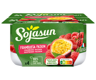 Especialidad de soja con pulpa de frambuesa y fruta de la pasion SOJASUN 4 x 100 g. Especialidad de soja con pulpa de frambuesa y fruta de la pasion SOJASUN 4 x 100 g.
