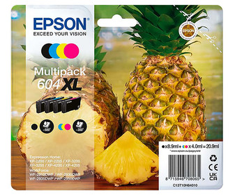 Pack de 4 cartuchos de tinta EPSON 604 XL, colores negro, cian, magenta y amarillo.