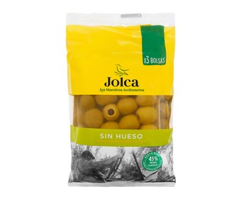 Aceitunas verdes manzanilla fina sin hueso JOLCA bolsa de 3 uds x 50 g. Aceitunas verdes manzanilla fina sin hueso JOLCA bolsa de 3 uds x 50 g.