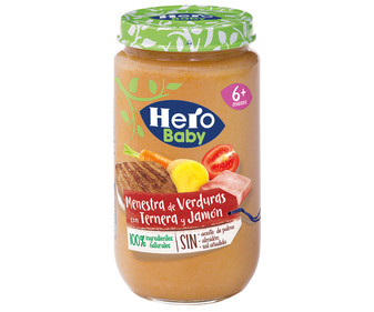 Tarrito de menestra de verduras con jamón y ternera, a partir de 6 meses HERO BABY 235 g. Tarrito de menestra de verduras con jamón y ternera, a partir de 6 meses HERO BABY 235 g.