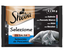 Comida para gatos adultos a base de pescado en salsa SHEBA 4 uds. 85 g.