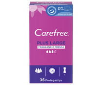 Salvaslips extra largos y super absorbentes con fragancia fresca CAREFREE Plus large 36 uds.