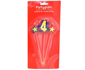 Pack de tres velas de cumpleaños, 2 estrellas y número 4 PARTYGRAM. Pack de tres velas de cumpleaños, 2 estrellas y número 4 PARTYGRAM.