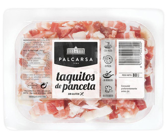 Panceta cortada en taquitos y elaborada sin gluten PALCARSA 80 g. Panceta cortada en taquitos y elaborada sin gluten PALCARSA 80 g.