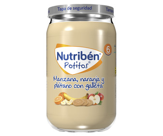 Potitos® de fruta (manzana, naranja y plátano) con galletas, a partir de 6 meses NUTRIBÉN 235 g. Potitos® de fruta (manzana, naranja y plátano) con galletas, a partir de 6 meses NUTRIBÉN 235 g.