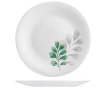 Plato de postre redondo 20cm. fabricado en vidrio opal color blanco con decoración de hojas verdes, Botánica BORMIOLI ROCCO.