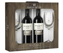 Estuche de vino tinto reserva con denominación de origen Rioja BARÓN DE LEY 2 botellas de 75 cl y 2 copas
