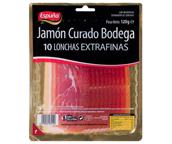 Jamón curado bodega, cortado en lonchas extrafinas ESPUÑA 120 g. Jamón curado bodega, cortado en lonchas extrafinas ESPUÑA 120 g.