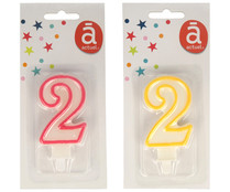 Vela de cumpleaños número 2 con filo de color, varios colores, ACTUEL.