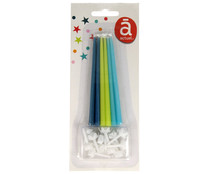 Pack de 12 velas finas de cumpleaños color azul y verde con soporte, ACTUEL. Pack de 12 velas finas de cumpleaños color azul y verde con soporte, ACTUEL.