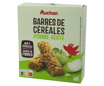 Cereales en barrita con trozos de manzana verde PRODUCTO ALCAMPO barrita de 21 gr, pack de 6 uds.