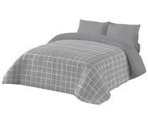 Edredón reversible estampado cuadros - liso gris para cama individual, 180x260cm. 300g/m² NATURALS.
