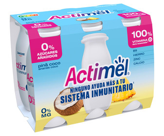 Leche fermentada con Lcasei sin azúcares añadidos y con sabor a piña y coco ACTIMEL 6 x 94 ml. Leche fermentada con Lcasei sin azúcares añadidos y con sabor a piña y coco ACTIMEL 6 x 94 ml.