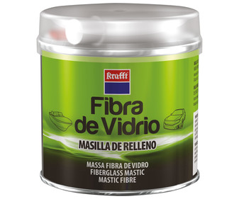 Bote de 250 gramos de masilla de fibra de vidrio con espátula aplicadora y endurecedor KRAFFT. Bote de 250 gramos de masilla de fibra de vidrio con espátula aplicadora y endurecedor KRAFFT.