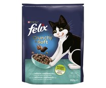 Comida para gatos seca con pollo,buey y verduras FELIX CRUNCHY&SOFT 950 g.