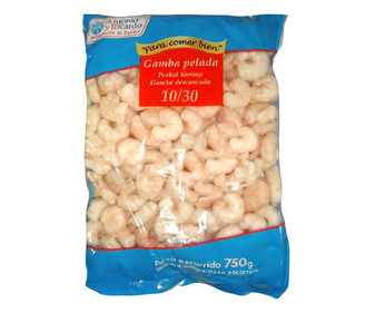 Gambas peladas, bolsa de 10/30 piezas ANTONIO Y RICARDO 750 g (P.N.E). Gambas peladas, bolsa de 10/30 piezas ANTONIO Y RICARDO 750 g (P.N.E).