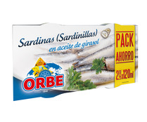 Sardinas (sardinillas) en aceite de girasol ORBE, pack de 2 uds. de 78 g.