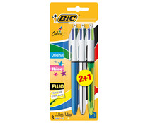 Bolígrafo BIC retráctil de 4 colores de tinta base de aceite, en blíster de 3 unidades, cuerpo azul y punta media. BIC.