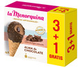 Conos de helado de chocolate con nata, salsa de chocolate y cobertura de chocolate con leche LA MENORQUINA Recetas artesanales 4 x 130 ml.