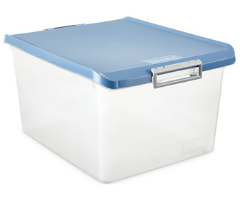 Caja de ordenación multiusos con tapa de pláctico color azul lavanda, 35 litros TATAY.