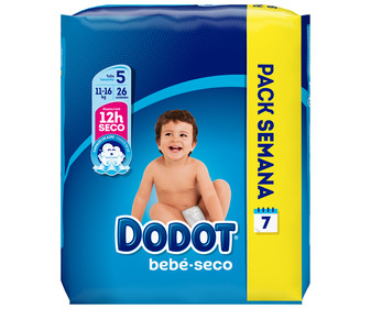 Pañales talla 5, para niños de 11 a 16 kilogramos DODOT 26 uds. Pañales talla 5, para niños de 11 a 16 kilogramos DODOT 26 uds.