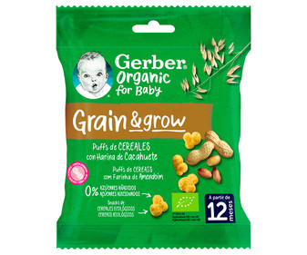 Snacks de cereales ecológios con harina de cacahuete, a partir de 12 meses GERBER Organic grain & grow 7 g.