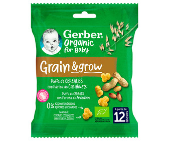Snacks de cereales ecológios con harina de cacahuete, a partir de 12 meses GERBER Organic grain & grow 7 g. Snacks de cereales ecológios con harina de cacahuete, a partir de 12 meses GERBER Organic grain & grow 7 g.