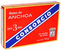 Filetes de anchoa en aceite de oliva CONSORCIO 50 g. pack de 3 uds