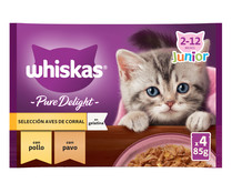 Pienso húmedo para gato junior bolsa aves WHISKAS pure delight 4x85 gr.