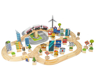 Circuito con accesorios de ciudad y tren, 90 piezas fabricadas en madera FSC, ONE TWO FUN. Circuito con accesorios de ciudad y tren, 90 piezas fabricadas en madera FSC, ONE TWO FUN.