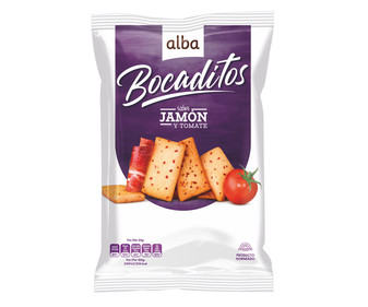 Snack de pan, sabor jamón y tomate ALBA BOCADITOS 110 g. Snack de pan, sabor jamón y tomate ALBA BOCADITOS 110 g.