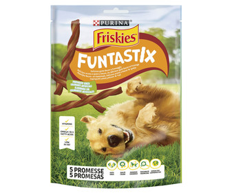Snack para perros con aroma a queso y bacon FRISKIES FUNTASTIX 175 g.