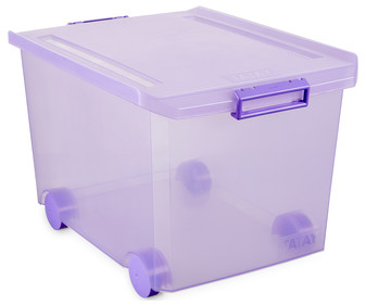 Caja multiusos con ruedas y tapa, 60 litros, color morado translúcido TATAY 1 unidad. Caja multiusos con ruedas y tapa, 60 litros, color morado translúcido TATAY 1 unidad.