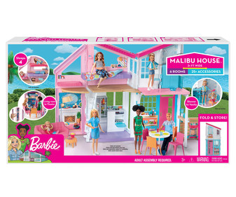 Muñeca Barbie y casa Malibu de dos pisos plegable con muebles y accesorios, BARBIE