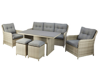 Conjunto de muebles de jardín 7 plazas con 3 sofás, 2 pufs y mesa de aluminio y ratán color gris/beige, incluye cojines GARDEN STAR ALCAMPO.