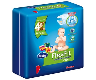 Pañales talla 4, para niños de 9 a 15 kilogramos ALCAMPO BABY Flexfit 30 uds. Pañales talla 4, para niños de 9 a 15 kilogramos ALCAMPO BABY Flexfit 30 uds.