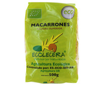 Pasta macarrones ecológicos, pasta de sémola de trigo duro de calidad superior ECOLECERA 500 g.