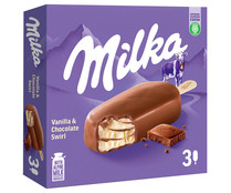 Helado de vainilla con chocolate con leche (leche proviniente de los Alpes) recubierto de chocolate con leche MILKA 3 x 90 ml.