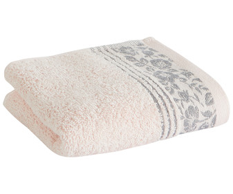 Toalla de tocador 100% algodón color rosa palo con cenefa de flores, 500g/m² ACTUEL. Toalla de tocador 100% algodón color rosa palo con cenefa de flores, 500g/m² ACTUEL.
