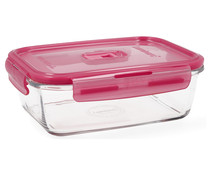 Recipiente hermético rectangular de vidrio Pure Box Rubi con tapa de color rosa, 1,22 litros, LUMINARC.