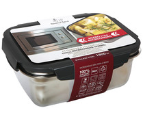 Recipiente de acero inox, rectangular, 1,8L, apto para microondas y horno, SANTA CLARA.