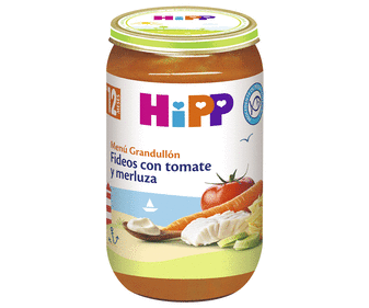 Tarrito de fideos con tomate y merluza ecológico a partir de 12 meses HIPP 250 g. Tarrito de fideos con tomate y merluza ecológico a partir de 12 meses HIPP 250 g.