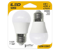 Pack de 2 bombillas LED E27, 6W=40W 470LM 3000K 10000H, PRIMER LEADER. Pack de 2 bombillas LED E27, 6W=40W 470LM 3000K 10000H, PRIMER LEADER.
