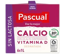 Leche de vaca desnatada con calcio, sin lactosa y con vitamina D PASCUAL Calcio 6 x 1 l.