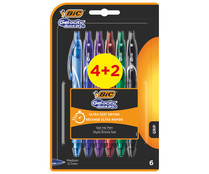 Pack de seis bolígrafos de gel retráctiles en los clásicos colores para escribir: azul, negro, rojo, verde, morado y turquesa, BIC.