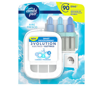 Difusor eléctrico apto para 3 recambios más 3 recambios con aroma aire fresco AMBIPUR 3volution. Difusor eléctrico apto para 3 recambios más 3 recambios con aroma aire fresco AMBIPUR 3volution.