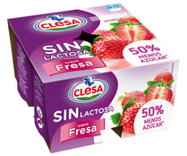 Yogur de fresa sin lactosa y con un 50% menos de azúcar CLESA 4 x 125 g.