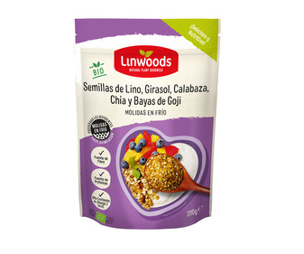 Semillas de lino, girasol, calabaza, chía y bayas de Goji, molidas en frío ecológicas LINWOODS 200 g. Semillas de lino, girasol, calabaza, chía y bayas de Goji, molidas en frío ecológicas LINWOODS 200 g.